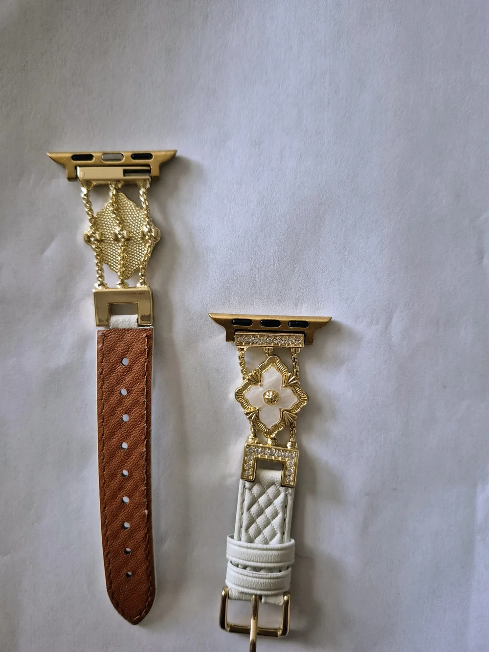 White Leather Watch Band with Gold Floral Connector